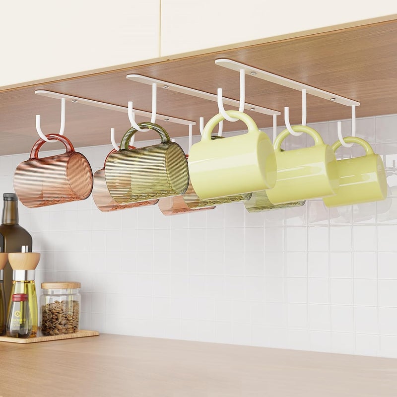 Luckinow 3 Pack Mug Hooks Under Cabinet, Coffee Mug Holder for Hanging Under Shelf, Cup Hanger with 9 Hooks for Displaying Mugs, Coffee Cups and Kitchen Utensils, White - Image 1